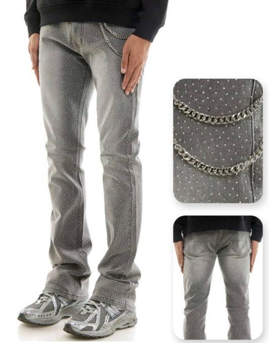 Kdnk “Rhinestone Grey Stack Jeans”